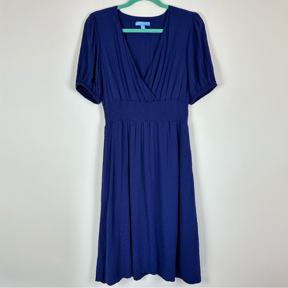 Draper James RSVP Royal Blue Deep V Smocked Puff Sleeve Midi Dress S